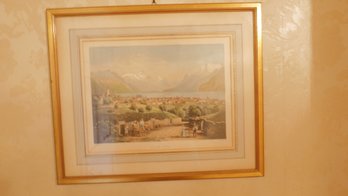 Print Of A Village, Mountains And Lake.