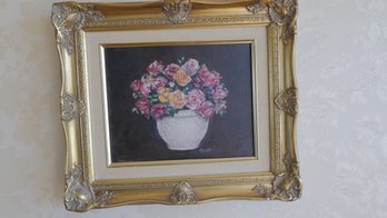 Floral Oil On Canvas In Gold Gilded Wood Frame.