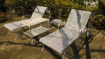 Set Of Outdoor Metal Chaise Lounge Chairs, Table And Roller Cart.