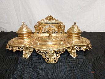 Spectacular Antique Ornate Bronze Desk Tray With Inkwells