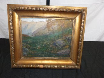 Antique Oil Painting - Landscape With Building  - Signed -