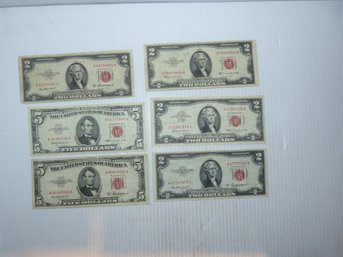 Group Of Two & Five Dollar United States Notes - Red Seal Bank Notes 1953 & 1963
