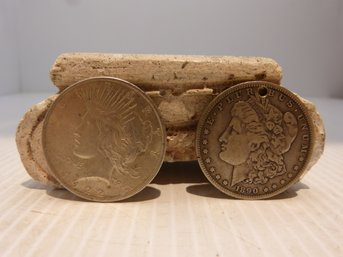 Lot Of (2) Old US  Silver Dollar Coins - 1922 Peace - 1890-O Morgan
