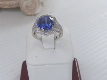 Sterling Silver Large Round Purple Stone With CZ's Ring