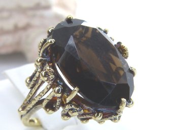 Vintage 14K Yellow Gold And Large Faceted Smokey Quartz Ring