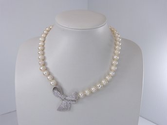 Sterling Silver  Pearl & CZ Bow  Necklace