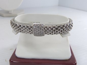 Wide Sterling Silver & CZ Woven Link Bracelet