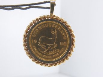 1980 South African  1/10 Krugerrand Set In 14 Yellow Gold Bezel Pendant