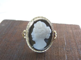 Vintage / Antique 14K Yellow & White Gold Black Onyx Cameo Ring