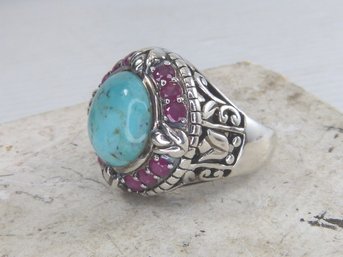 Large Sterling Silver Turquoise & Ruby Ring