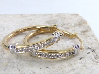 10K Yellow & White Gold Diamond Hoop  Earrings