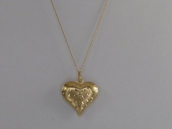 14K / 10K Yellow Gold Diamond Cut Puffed Heart Necklace / Pendant