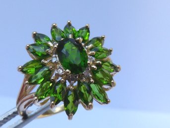 Stunning 9K Yellow Gold , Chrome Diopside & Diamond Accent  Ring