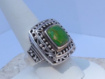 Large Sterling Silver & Polished Green Stone Ring