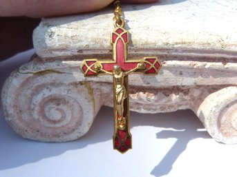 Vintage  French Enamel & Red Glass Bead Rosary Beads