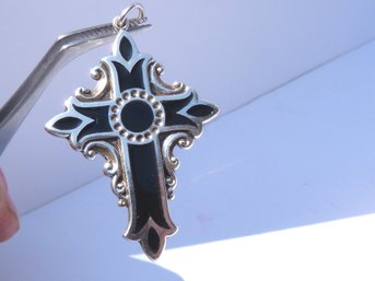 Large Unique Sterling Silver & Black Enamel Cross Pendant