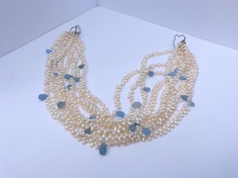 Massive 14K White Gold & 9 Strand Pearl Necklace W Blue Quartz Accents