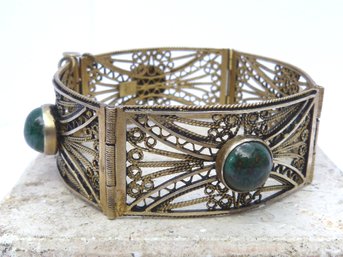 Vintage Sterling Silver Wire Work Panel Bracelet W Polished Green Stones