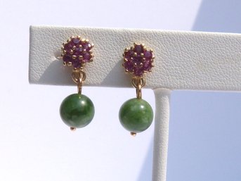 Stunning Vintage 14K Yellow  Gold , Jade & Pink Spinel Earrings