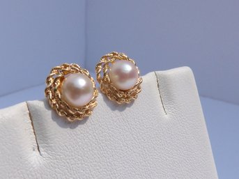 14K Yellow  Gold & Pearl Earrings  - Rope Design