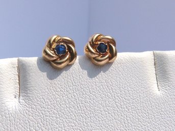 Vintage 10K Yellow  Gold & Sapphire Flower Form Earrings