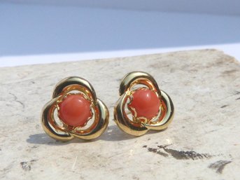 14K Yellow  Gold & Pink Coral Earrings