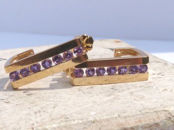 Gorgeous  14K Yellow  Gold & Channel Set Amethyst  Earrings