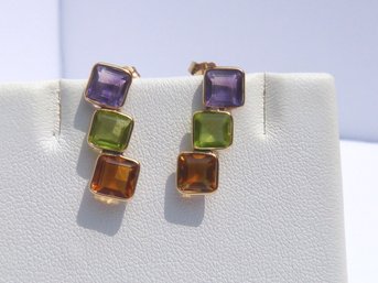 14K Yellow  Gold & Multi Gem Earrings  - Amethyst , Citrine, Peridot