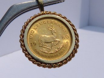 1980 South African  1/10 Krugerrand Set In 14 Yellow Gold Bezel Pendant