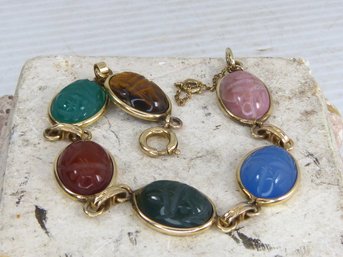 Vintage 12 G.F. & Semi Precious Stone Carved Scarab  Bracelet