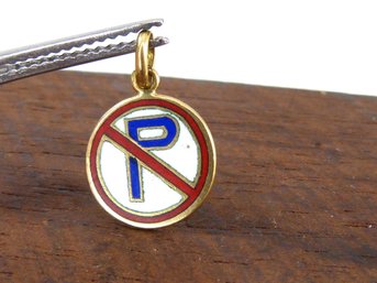 Vintage 18K Yellow Gold & Enamel No Parking Charm