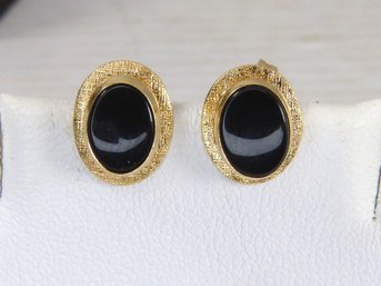 14K Yellow  Gold & Oval Black Onyx Earrings