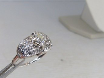 Large  Antique 14K  White Gold & Diamond Buckle Style Ring