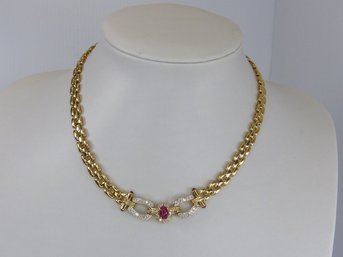 Impressive 14K Yellow Gold Diamond & Ruby Panther Style Necklace  - 34 Grams -