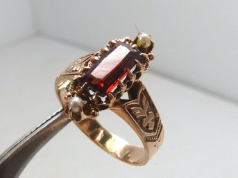 Antique Victorian 10 K Gold ,Garnet & Pearl Ring - Emerald Cut