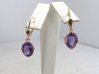 Large Beautiful 14 K Yellow Gold & Amethyst Dangle Earrings