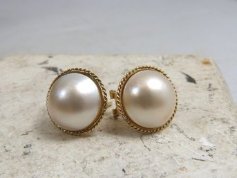 Pair Of Large 14 K Yellow Gold & Pearl Earrings