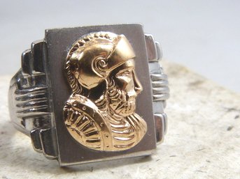 Vintage Sterling Silver &  10K Gold Soldiers Bust Men's Ring