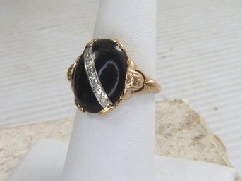 Vintage 10K Yellow Gold , Large Oval Black Onyx & Diamond Accent Ring