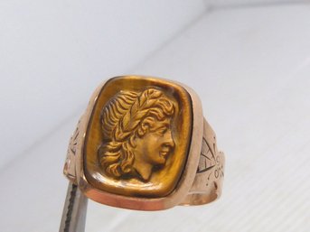 Exceptional Antique 10 K Rose Gold & Carved Tiger's Eye Men's Ring