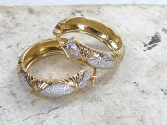 Pair Of 10 K Yellow & White Gold Diamond Cut Hoop Earrings