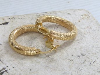 Wonderful  Pair Of 14 K Yellow Gold Textured Hoop Earrings