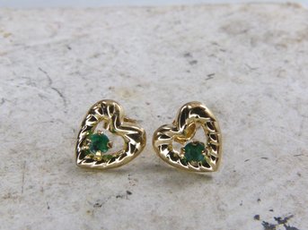 Pair Of Dainty 10 K Yellow Gold & Emerald Heart Earrings