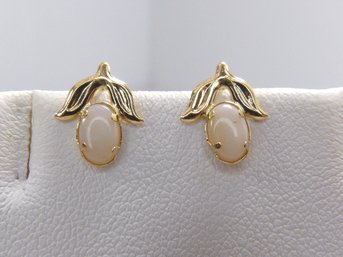 Pair Of 14 K Yellow Gold &  Opal Leaf Design Earrings