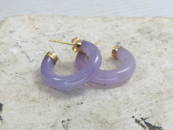 Pair Of 14 K Yellow Gold & Lavender Jade Hoop Earrings