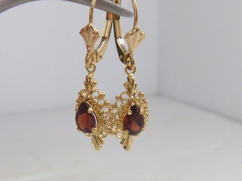 Pair Of 14 K Yellow Gold & Garnet Dangle Earrings