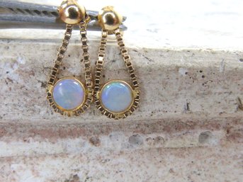 Pair Of 14 K Yellow Gold & Opal Dangle Earrings