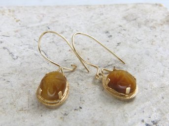 Pair Of 14 K Yellow Gold & Carved Tiger's Eye Scarab Dangle Earrings