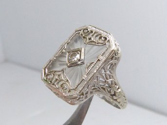 Elegant Antique 10 K  White Gold , Diamond  & Camphor Glass Filigree Ring