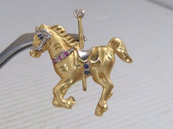 Unique 14 K Yellow Gold , Ruby , Sapphire & Diamond Carousel Horse Pendant / Pin